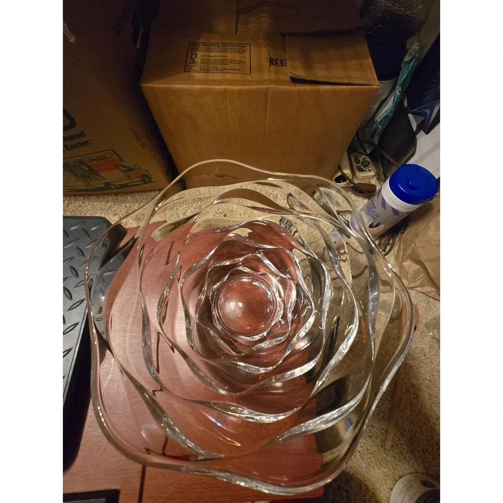 Artistic Clear Glass Rose Petal Centerpiece Bowl Wavy Rim Floral Sculptural Dish